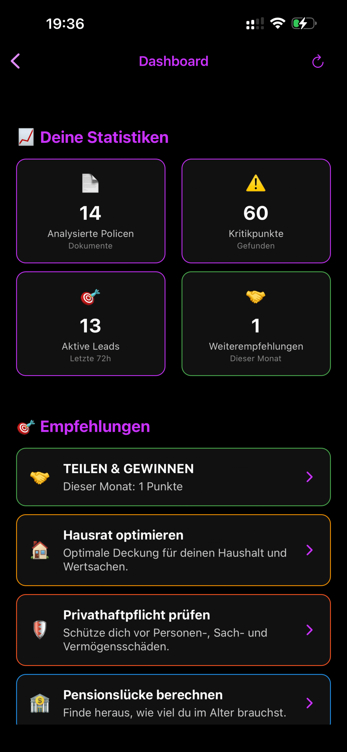 INSURIO – Dashboard mit Statistiken
