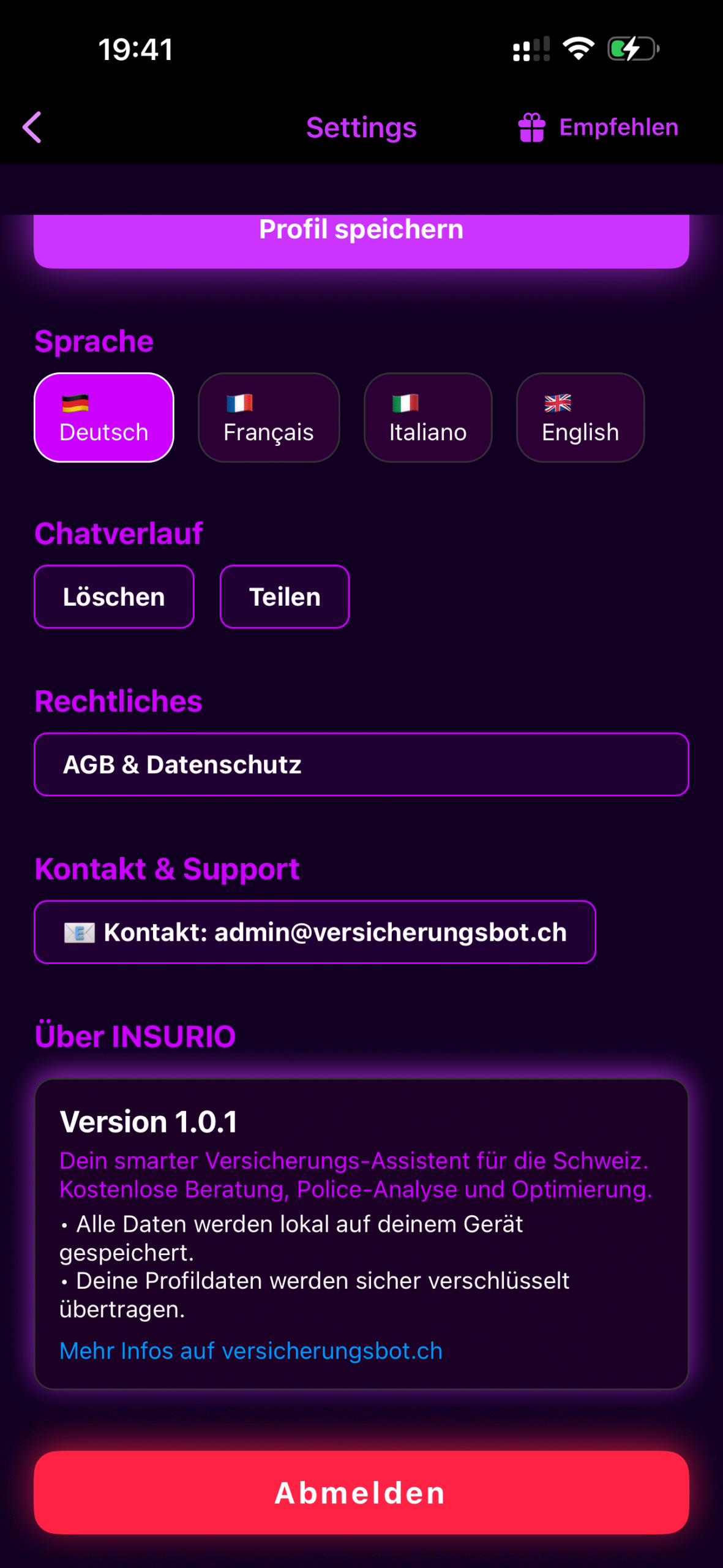 INSURIO – Einstellungen und Sprachen